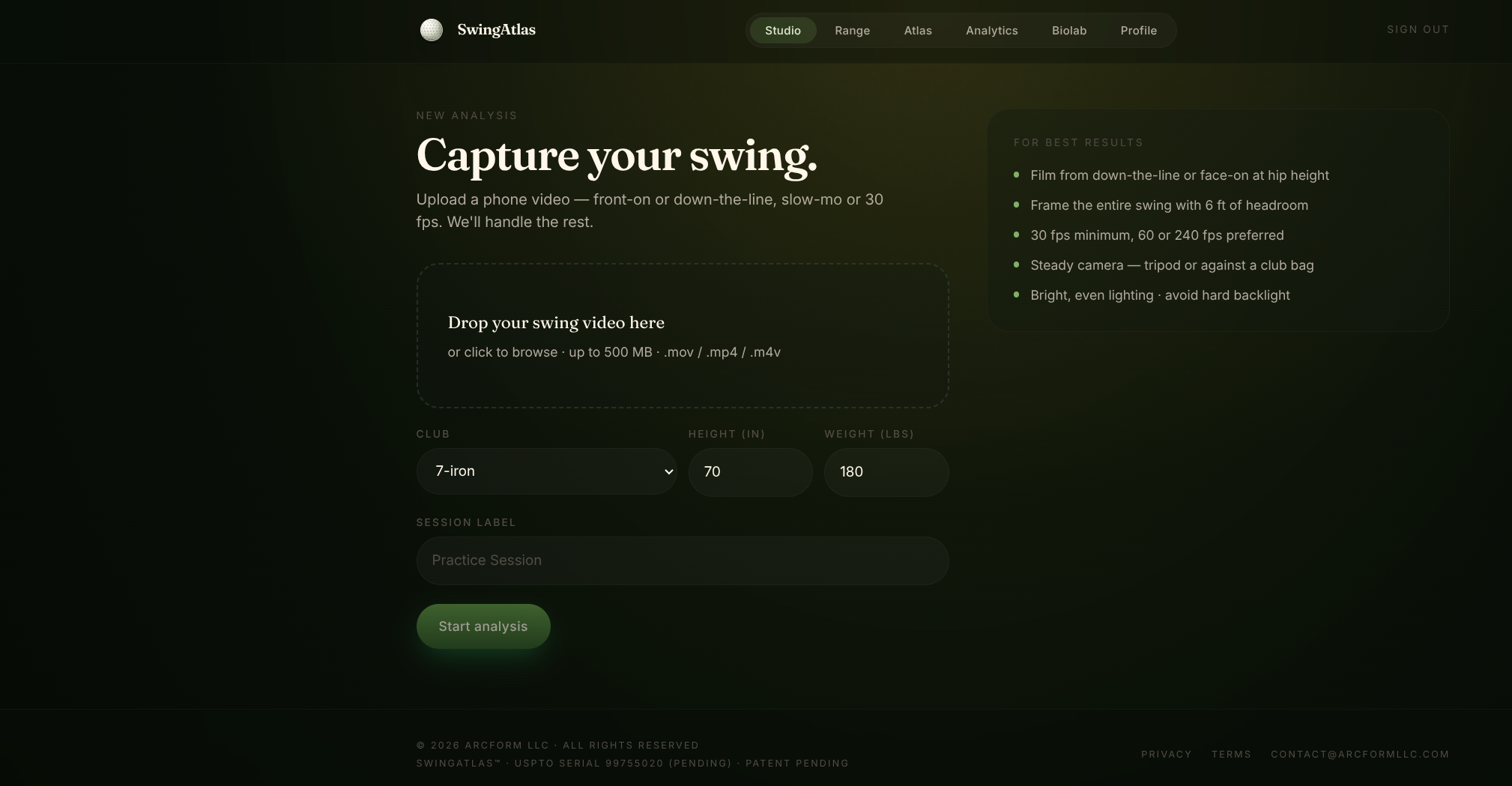 SwingAtlas capture screen — drop a swing video to begin analysis